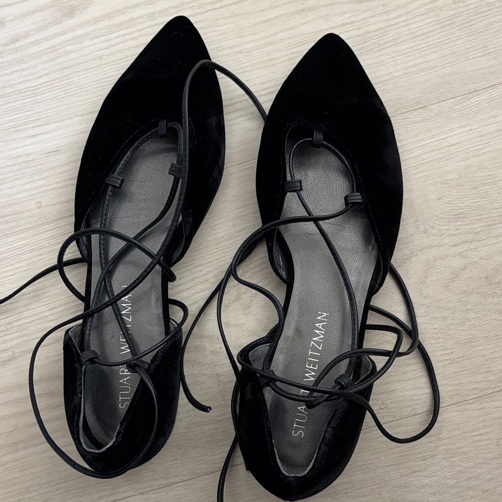 Stuart Weitzman Black Velvet Lace-Up Flats